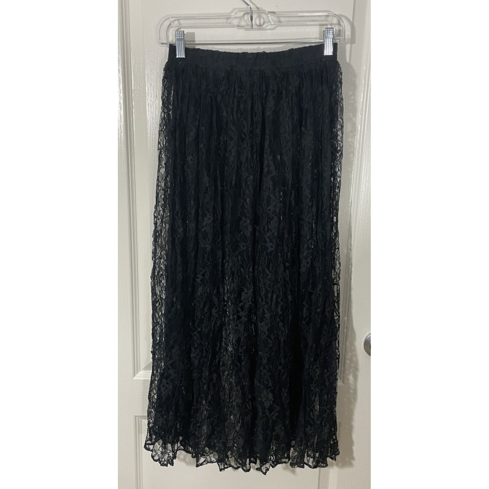 Whimisgoth Lace Sheer Festival Maxi Skirt Hippie Boho Grunge Fairy Medium Black